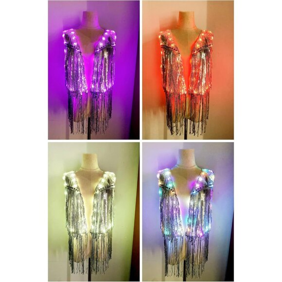 Womens LED Light Up Sequin Fringe Vest Sparkly Silver Disco Party Jacket Top - Picture 8 of 9